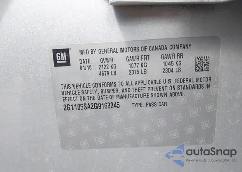 2016 Chevrolet Impala 1Lt из США, поврежденный, VIN 2G1105SA2G9163345